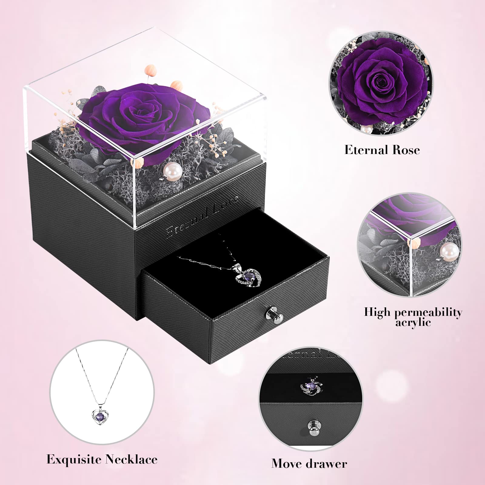 SHOKUTO Preserved Rose Jewelry Box with Necklace - Romantic Birthday Gift for Women, Mom, Girlfriend, Wife, Daughter, Sister - Perfect for Valentine's Day, Anniversary & Special Occasions
