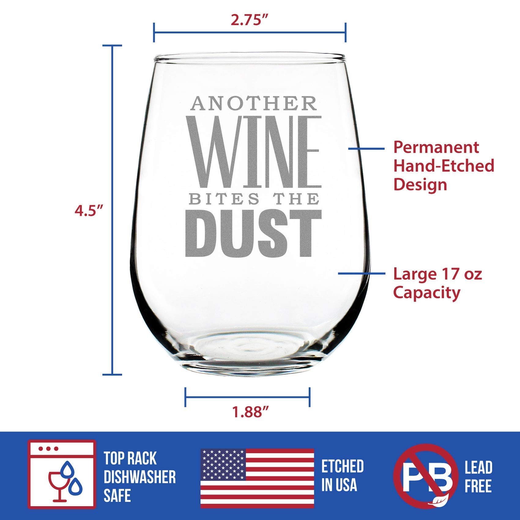 Bites the Dust - Funny Stemless Wine Glass with Etched Sayings | 15oz Large Wine Cup | Gift Box Included | Perfect for Parties, Bachelorette Gifts & Home Decor
