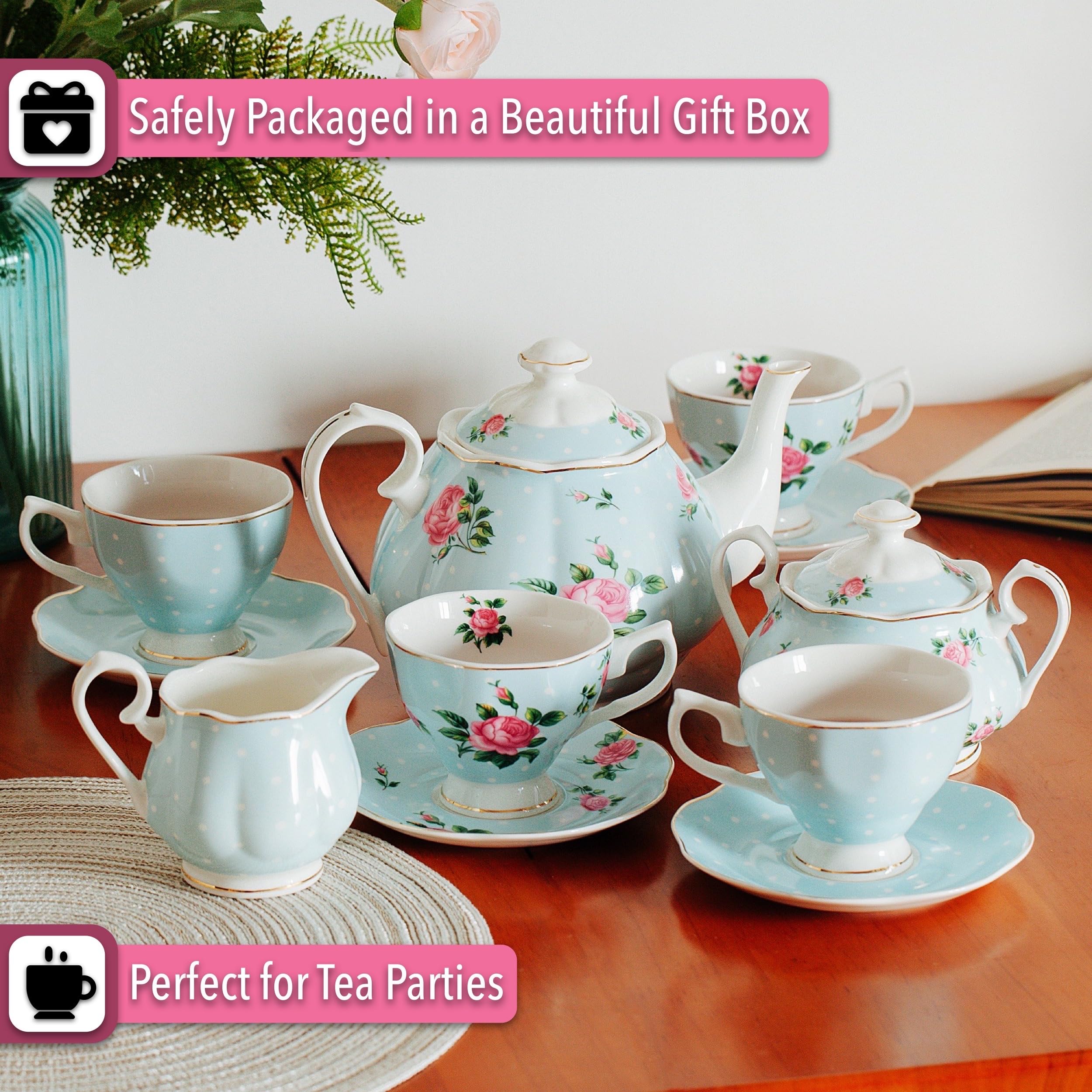 BTaT Floral Tea Set - 8oz Tea Cups, 38oz Teapot, Creamer & Sugar Bowl - Elegant Porcelain Tea Set for Adults (4-Piece) - Perfect for Afternoon Tea, Bridal Showers & Home Decor
