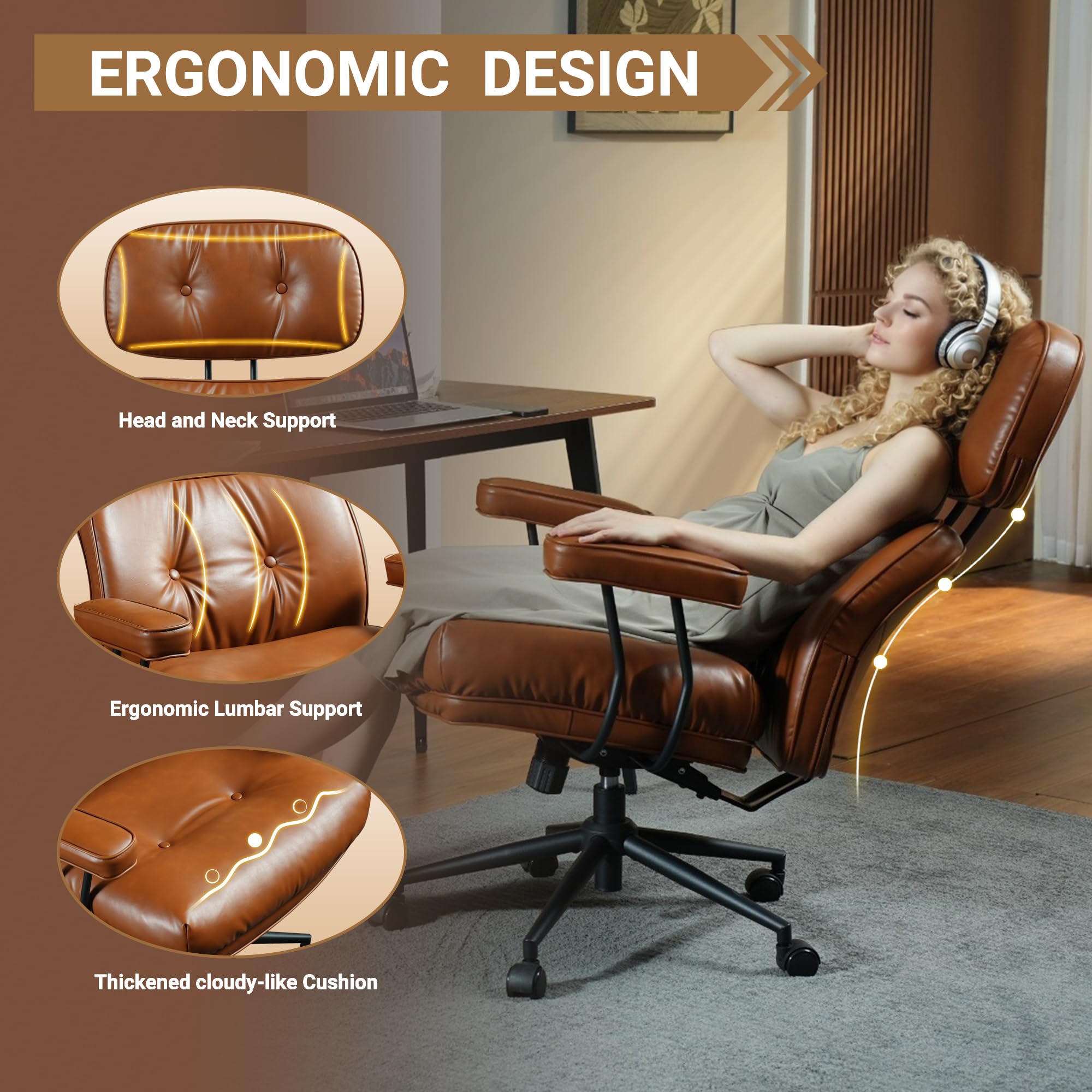 Ergonomic High Back Office Chair with Lumbar Support - PU Leather Swivel Computer Desk Chair with Wheels & Rocking Function - Brown - Perfect for Home Office, Gaming & Workspace Comfort