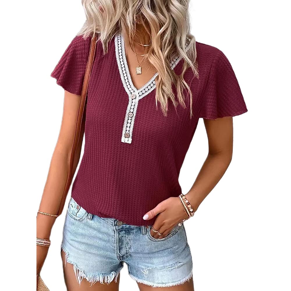 Women's Waffle Knit Crochet Embellished Collar Cap Sleeve Boho Summer Top - V-Neck Loose Fit T-Shirt for Casual Outings & Beach Vacations