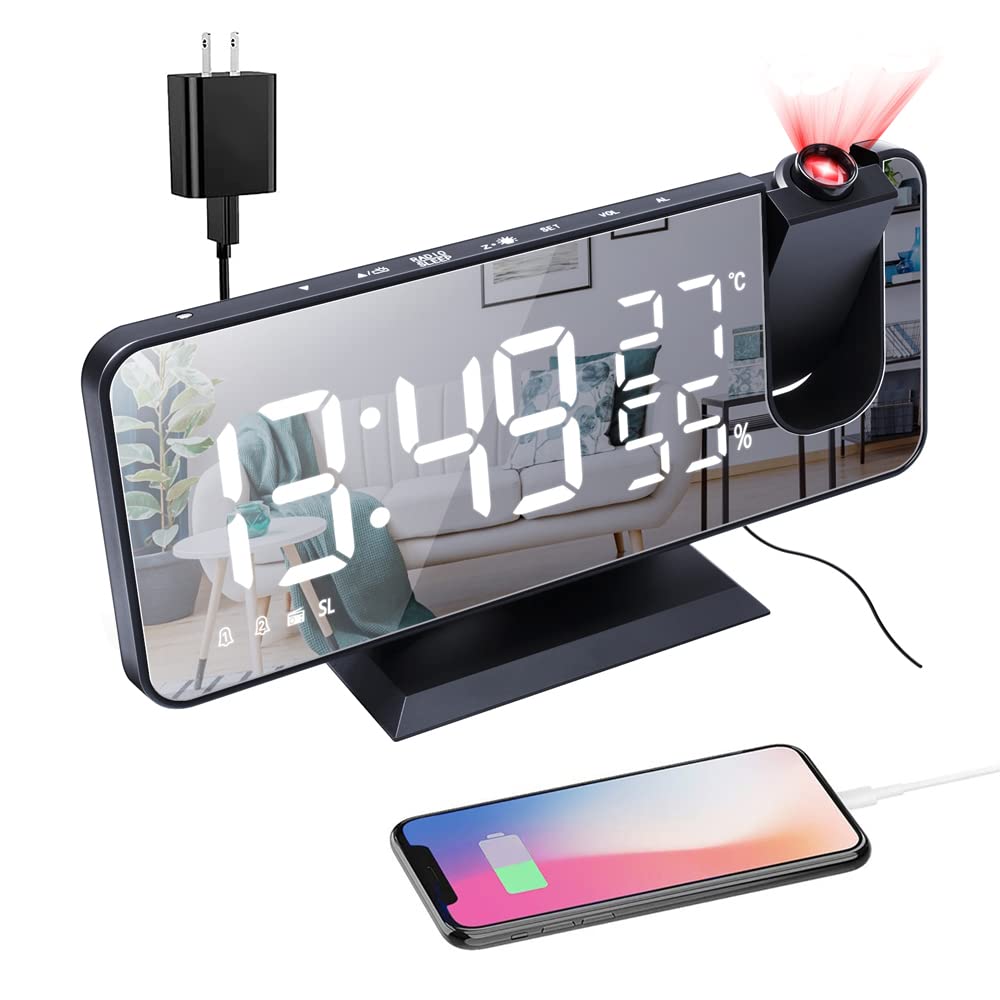 7.3'' Large LED Projection Alarm Clock with FM Radio, USB Charger Ports & Adjustable Dimmer - Dual Alarm with 2 Sounds for Bedroom, Home Office (Black) | Perfect for Nightstand, Travel & Gift Giving