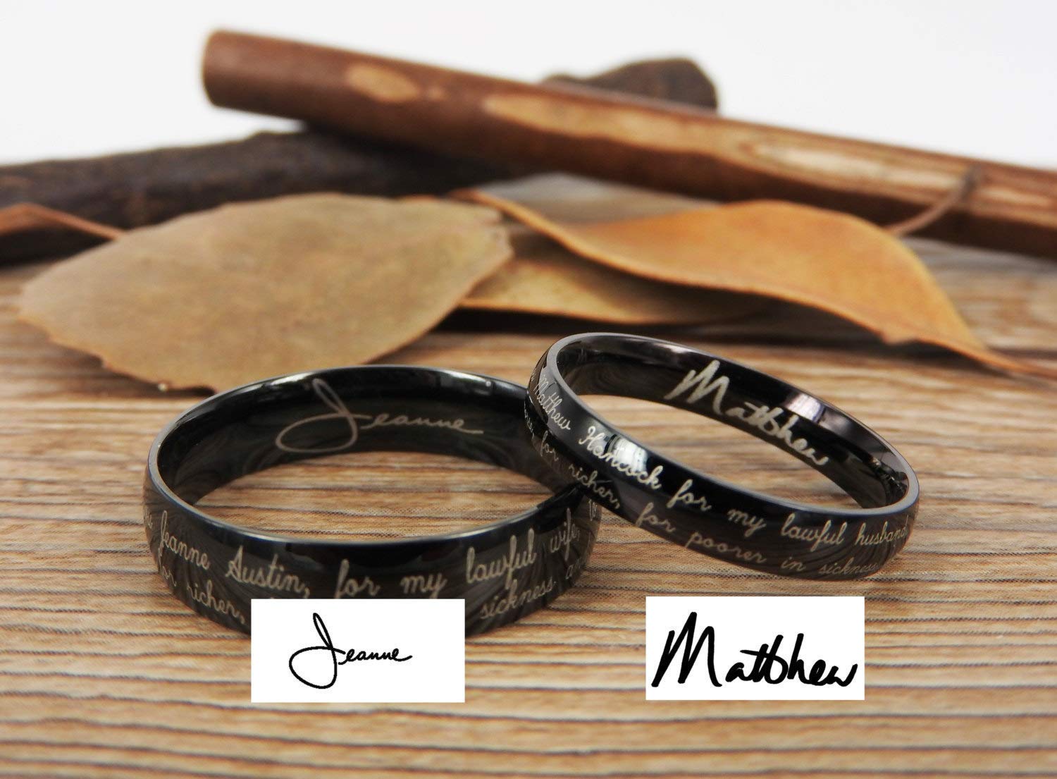 Personalized Handwriting & Initial Signature Rings - Custom Engraved Titanium Matching Wedding Bands Set for Couples - Perfect for Anniversaries, Engagements and Romantic Gifts