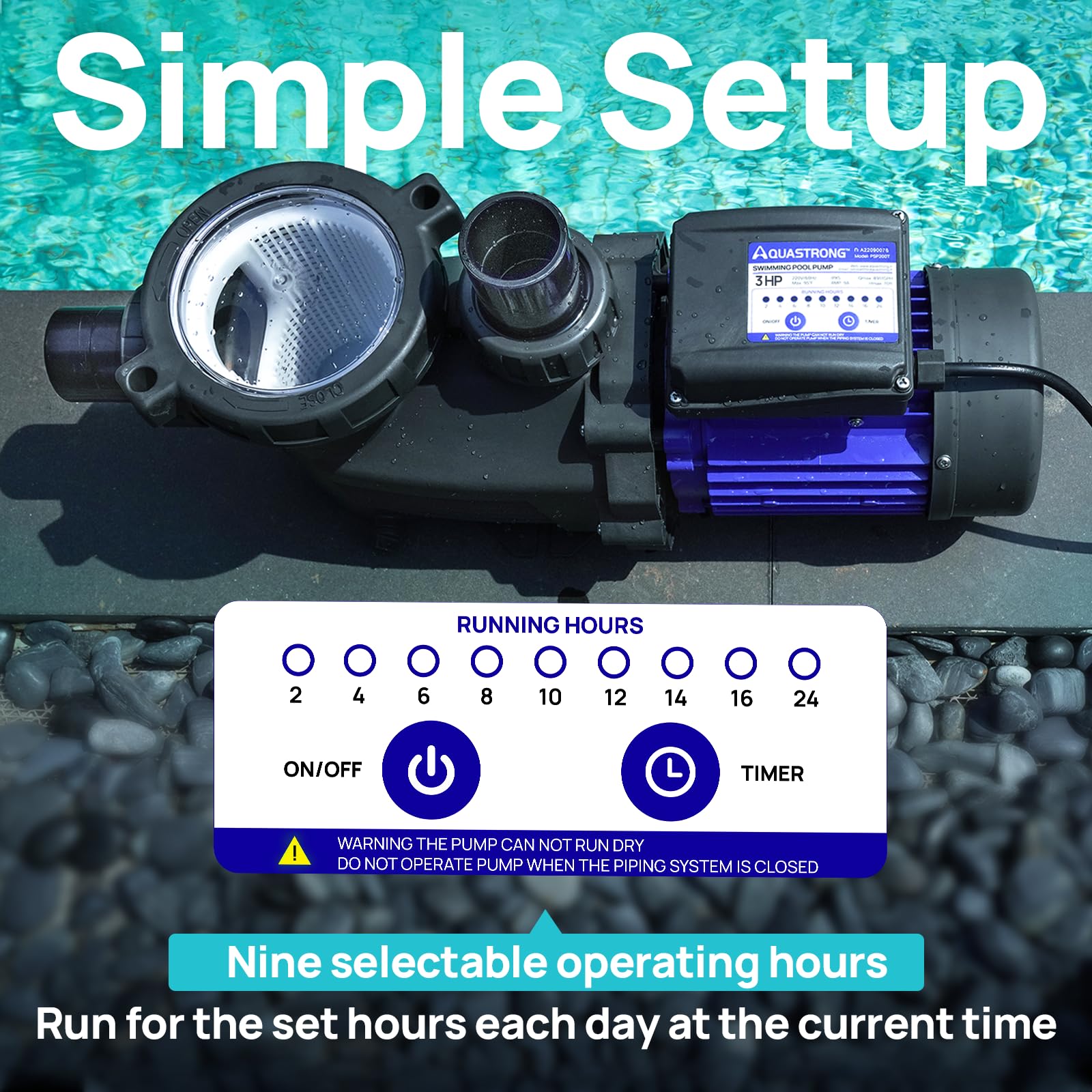 AQUASTRONG 3HP In-Ground & Above Ground Pool Pump with Timer - 115V High Flow (9017GPH) Self-Priming Swimming Pool Pump with Filter Basket - Perfect for Backyard Pools, Spas & Water Circulation Systems