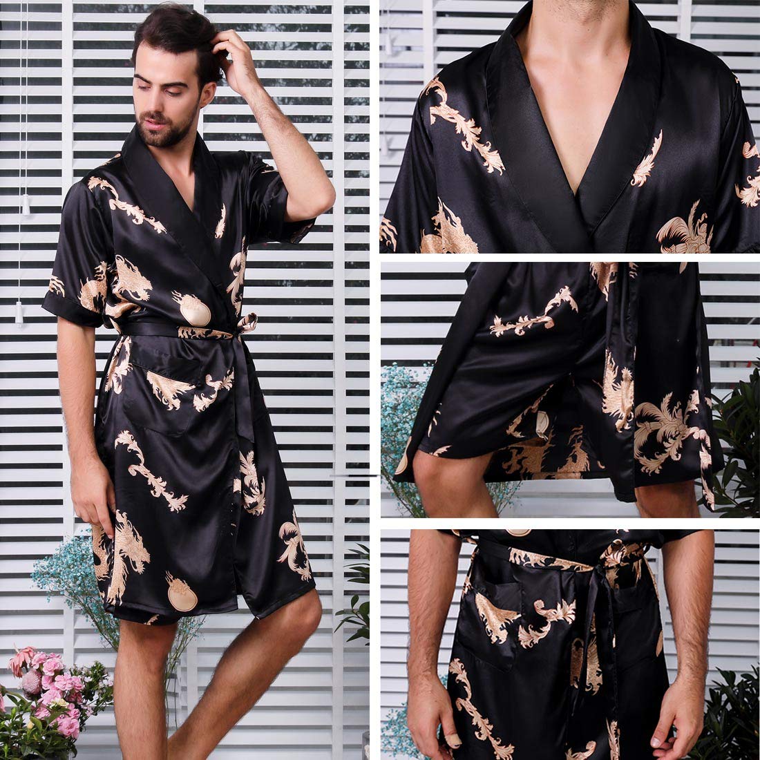 Luxury Men's Satin Robe with Shorts - Soft Silk Kimono Bathrobe for Spa, Lounge & Sleep - Elegant Pajama Nightgown for Home Relaxation & Gift Giving