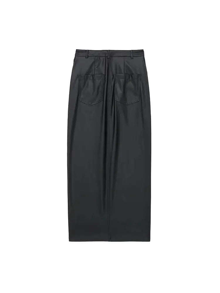 Stylish Faux Leather Midi Skirt for Women - High Waist Zipper Fly Design with Side Pockets | Perfect for Fall Fashion, Office Wear & Night Out Outfits