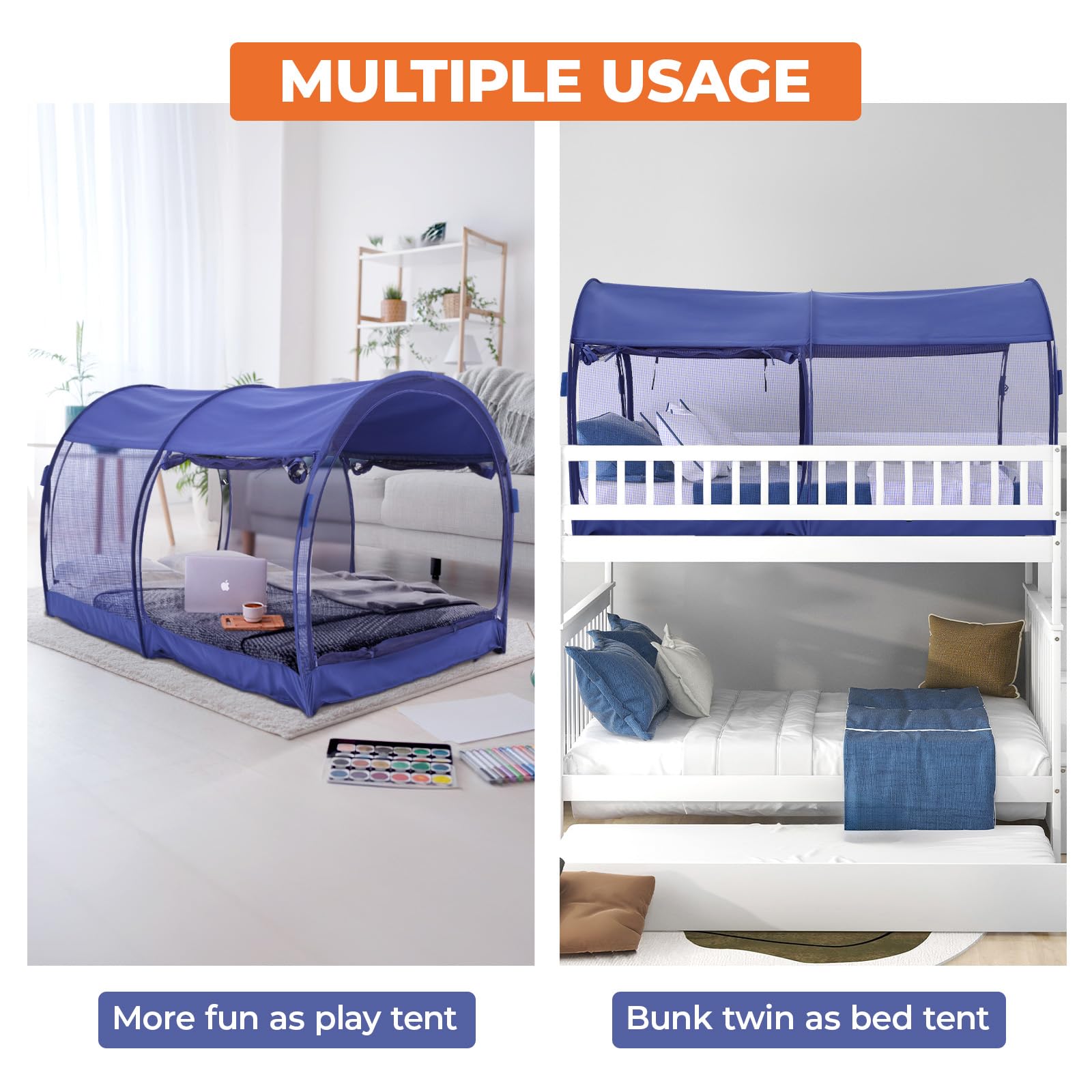 Alvantor Full Size Mosquito Net Bed Canopy - Breathable Pop Up Bed Tent for Indoor Use, Portable Privacy Sleeping Space with Frame, Navy Blue (Mattress Not Included) - Perfect for Camping, Travel, Dorm Rooms & Home Privacy Protection