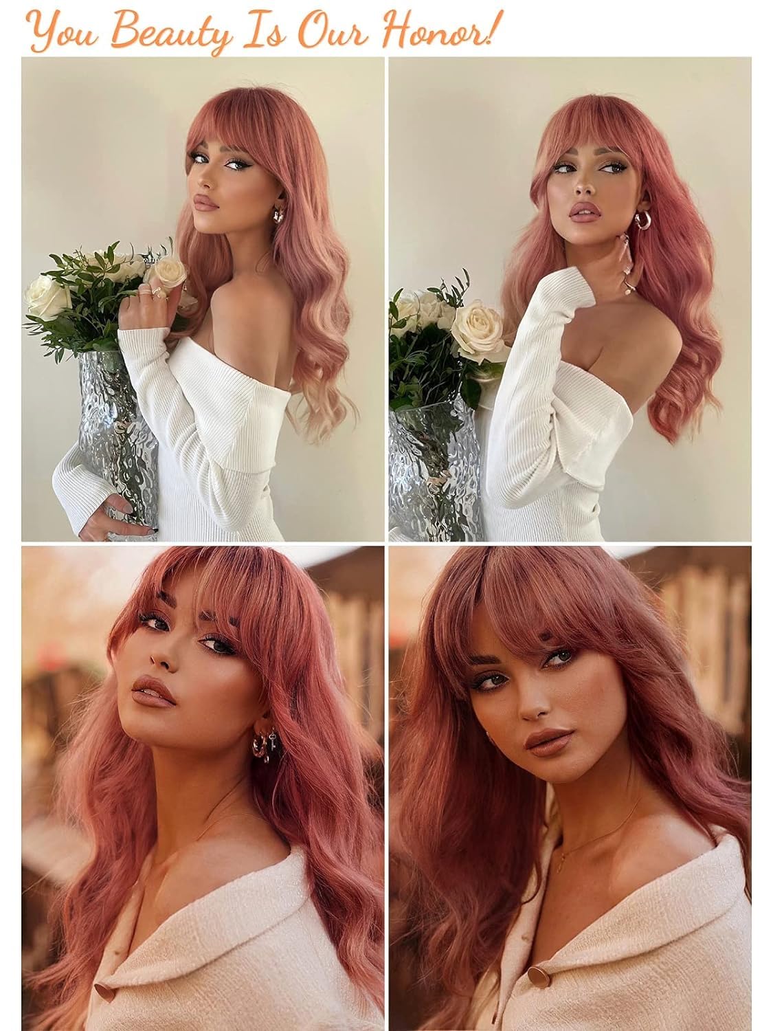Honygebia Pink Wigs with Bangs - Long Ombre Synthetic Wigs for Women, Heat Resistant Light Wavy Pink Hair with Dark Roots - Natural Looking Cosplay Wig for Halloween, Christmas, Parties & Costume Events | Great for Cosplay, Themed Parties, Costume Contests & Photo Shoots