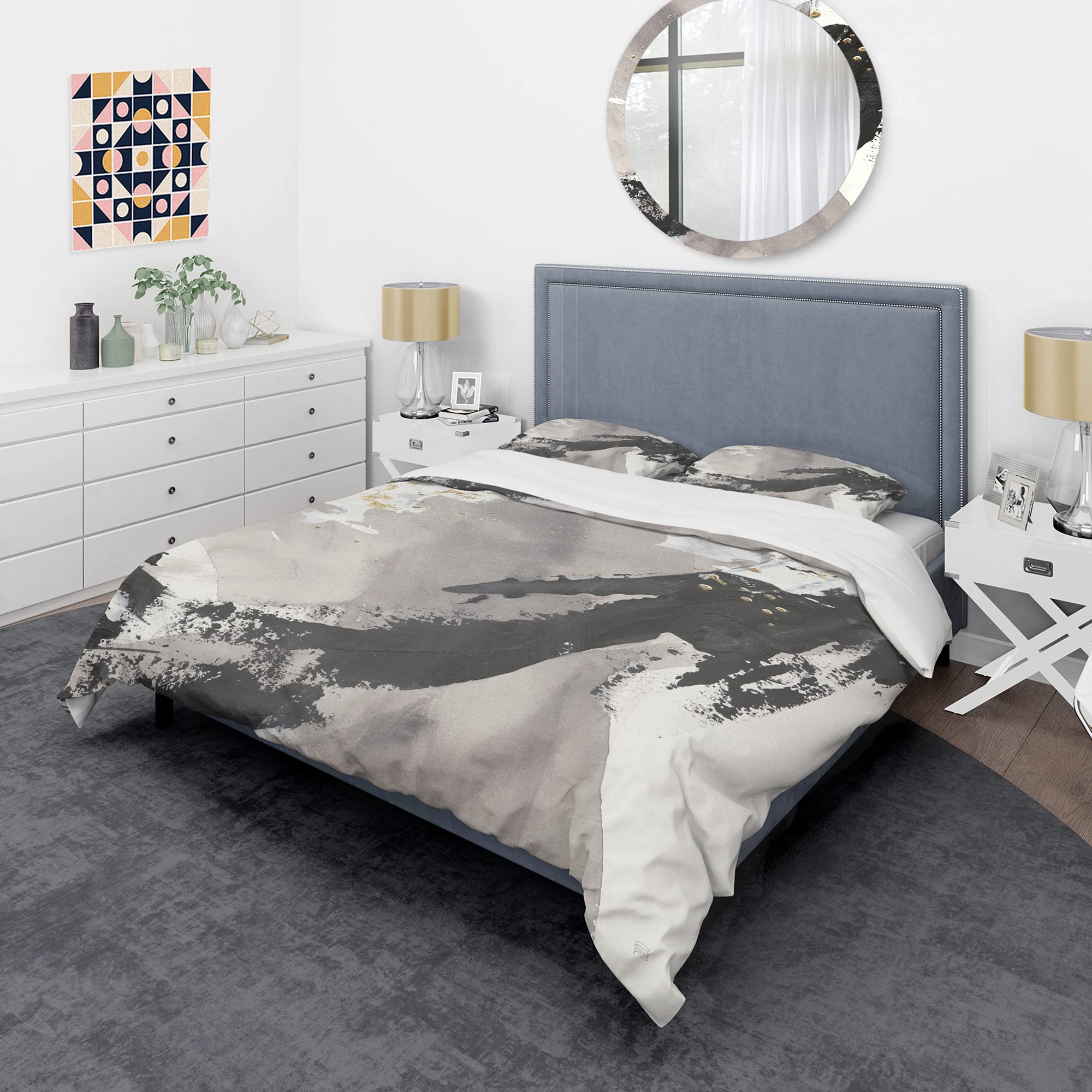 Glam Painted Arcs III Modern & Contemporary Queen Duvet Cover Set - 3 Piece Abstract Bedding in Black | All Season Luxury Bedroom Decor for Master & Guest Rooms