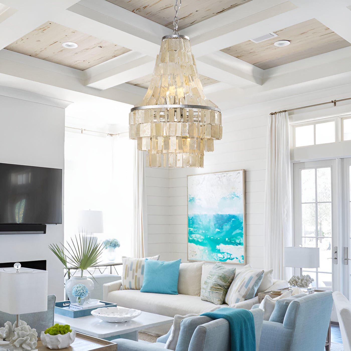 Boho Shell Tiered Chandelier - Natural Seashell Pendant Light Fixture for Beach House Decor, Living Room, Bedroom & Dining Room Lighting