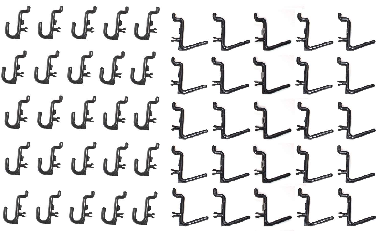 50-Pack Black Pegboard Locking Hooks - 25 J Hooks & 25 L Hooks for Tool Organization, Garage Storage, and Retail Display - Durable Metal Hooks for Wall Panels, Workshops, and Home Organization