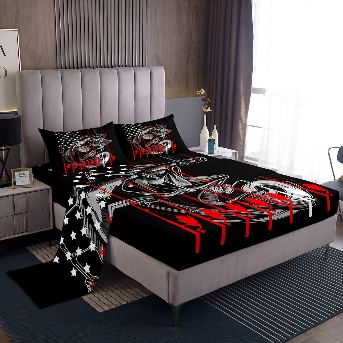 Feelyou American Flag Fishing Theme Bed Sheet Set - Full Size with 2 Pillowcases, Bass & Pike Fish Design for Kids & Adults - Perfect for Hunting & Fishing Enthusiasts' Bedrooms, Cabins, or Dorm Rooms