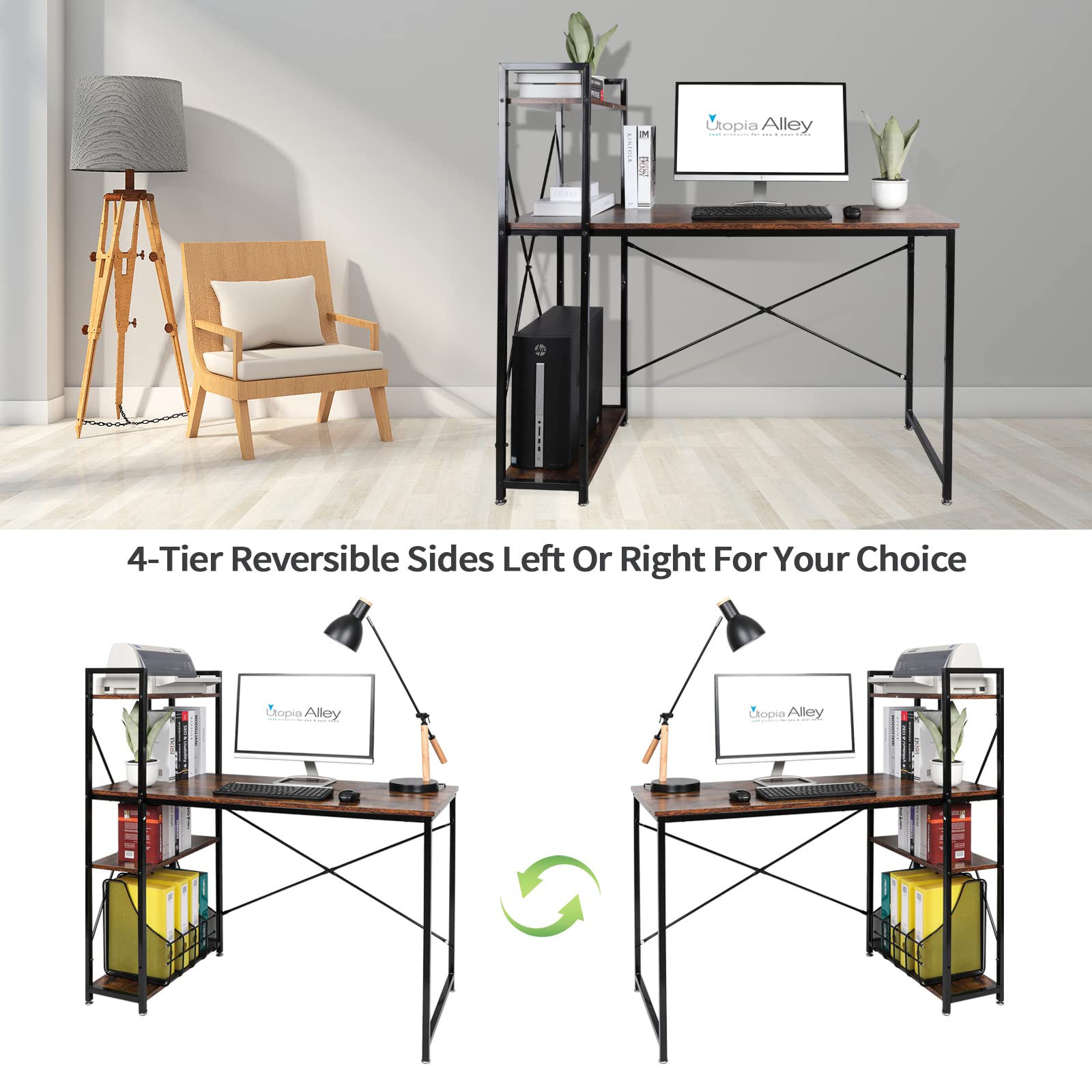 47-inch Black Metal Computer Desk with 4-Tier Storage Shelves - Rustic Brown Corner Study Desk for Home Office, Gaming & Workspace - Utopia Alley Ergonomic Writing Table with Bookshelves
