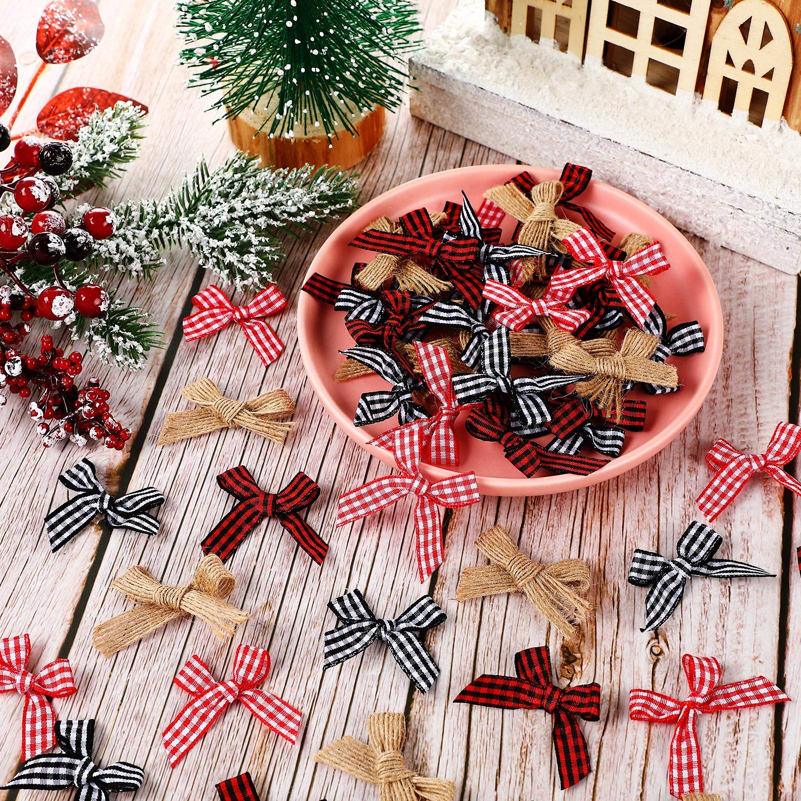 Christmas Mini Bows 80pcs - Buffalo Plaid Bows in Red, White & Black for Tree Decor & Crafts