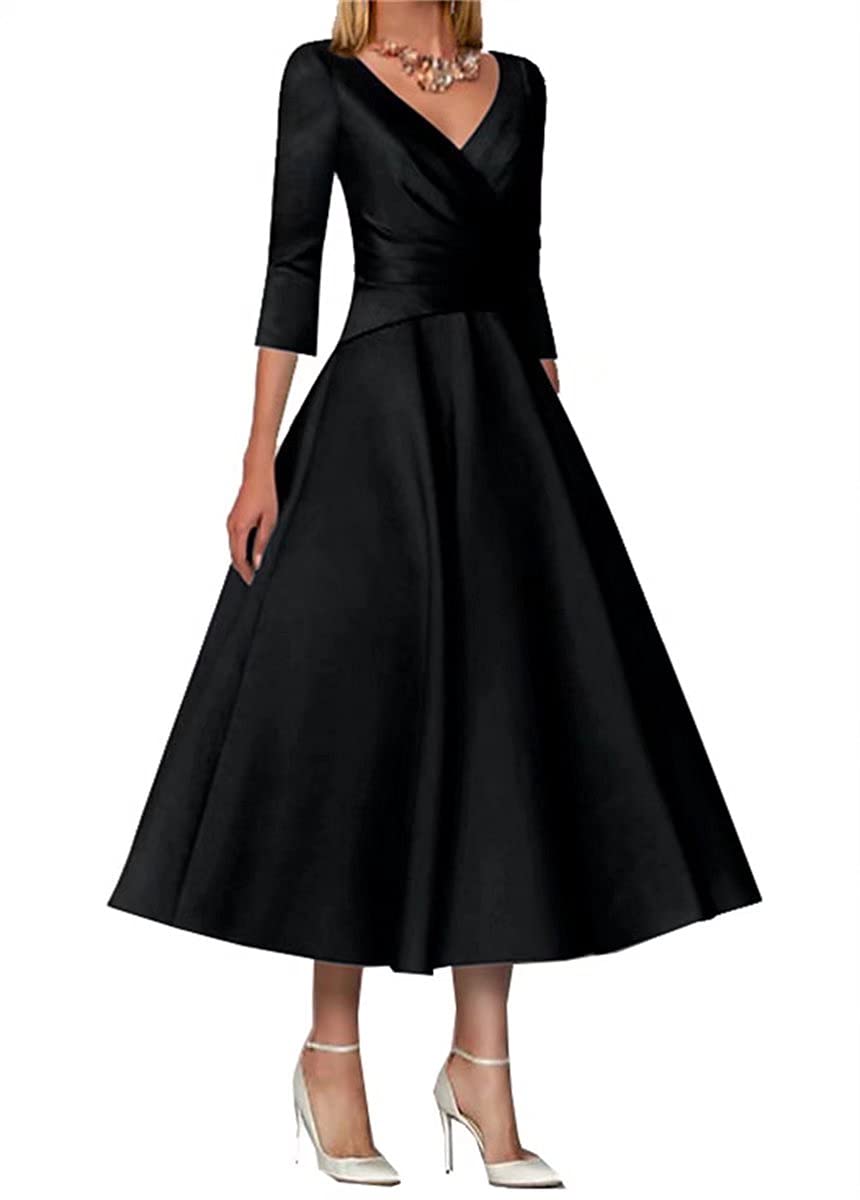 Elegant Mother of The Bride Dresses with Sleeves - Tea Length A-Line Satin Formal Evening Gowns for Weddings, Parties & Special Occasions
