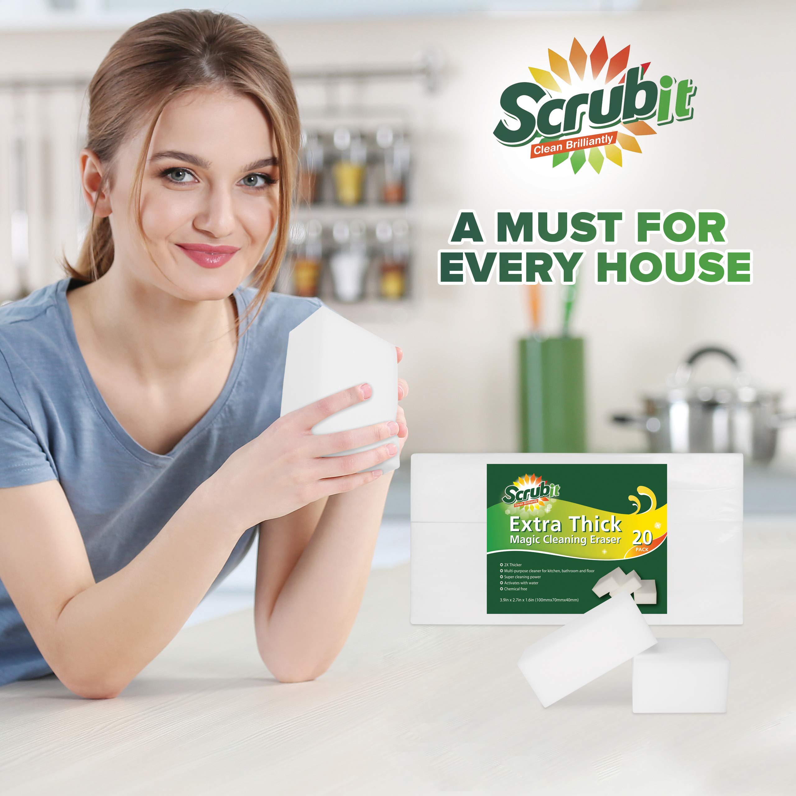 (20 Pack) Extra Thick Magic Sponge Eraser by SCRUBIT - Heavy Duty Melamine Cleaning Sponges for Kitchen, Bathroom, Floor & Wall - Removes Tough Stains & Dirt - Durable Long Lasting Foam Scrubbing Pads (Perfect for Cleaning Grease, Scuffs & Grime on Appliances, Tiles & Countertops)