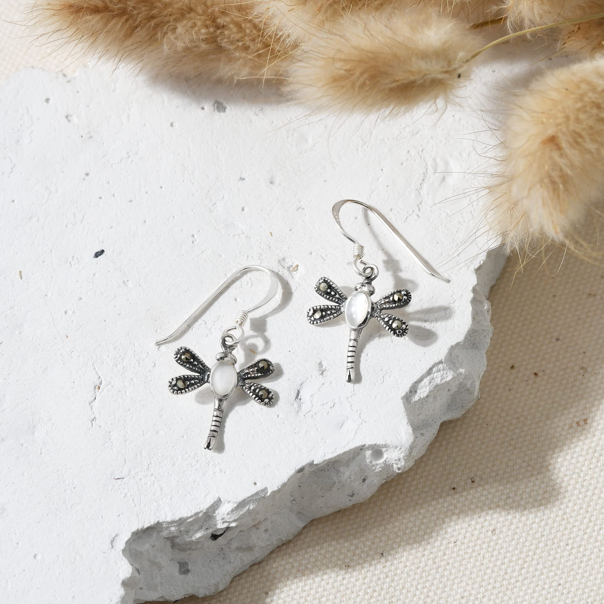 AeraVida Elegant White Mother of Pearl & Marcasite Dragonfly .925 Sterling Silver Dangle Earrings for Women | Fashionable Animal-Inspired Jewelry Gift for Daughter | Perfect for Weddings, Parties & Everyday Wear