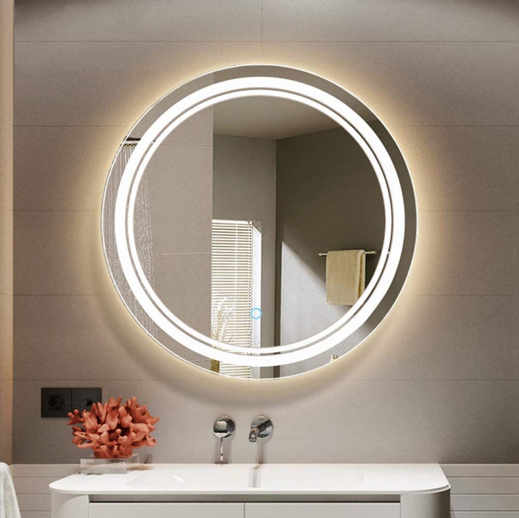 UWY Frameless Round Wall-Mounted Bathroom Mirror - 60cm LED Illuminated Vanity Mirror with Touch Control, Anti-Fog & Shatterproof Design for Modern Bathrooms & Dressing Rooms