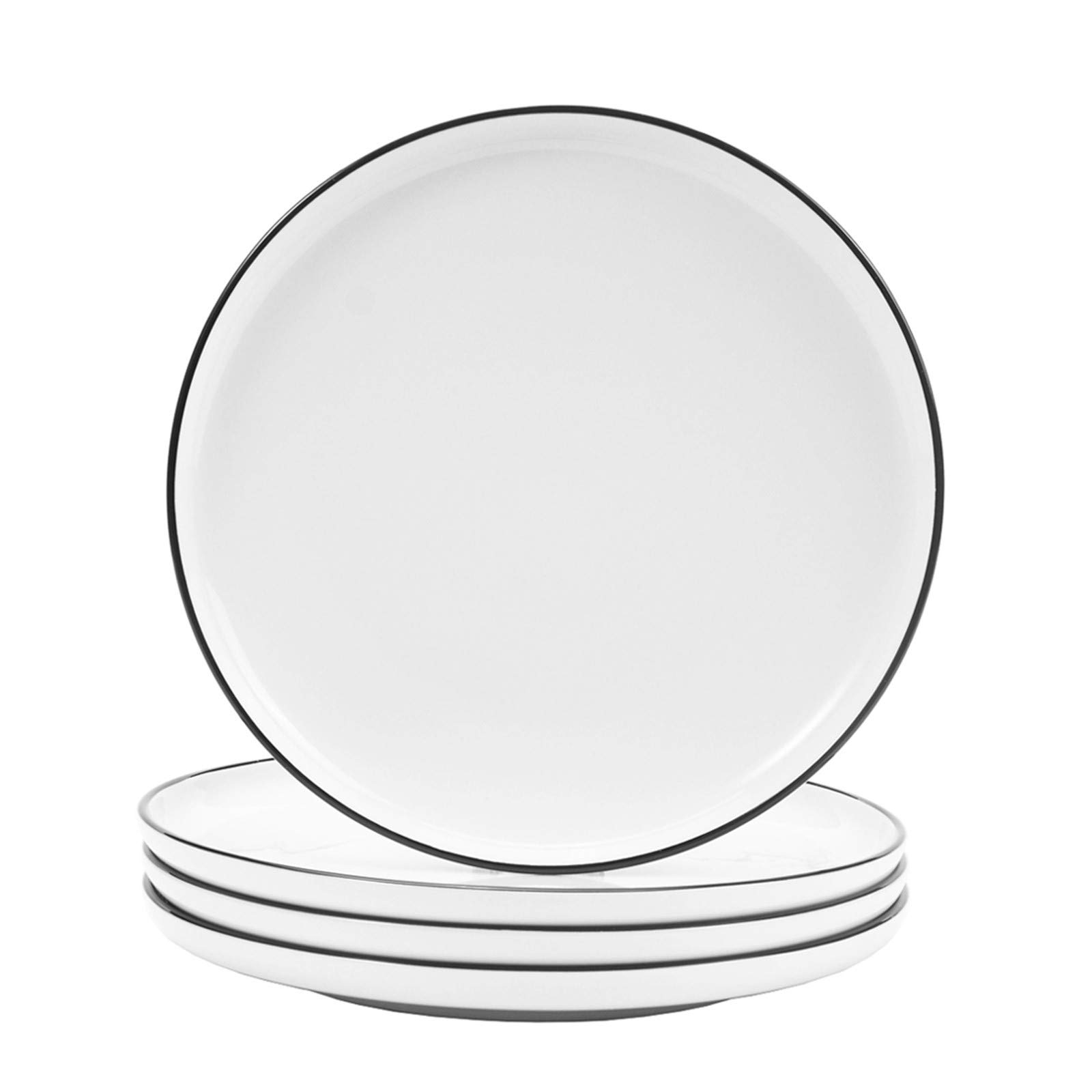 Hoxierence 8 Inch Ceramic Salad Plates - Classic White Round Dinner Plates with Black Line Edges, Porcelain Serving Dishes for Steak, Pasta, Appetizers, Salad | Perfect for Home Dining, Party Entertaining & Restaurant Use - Set of 4