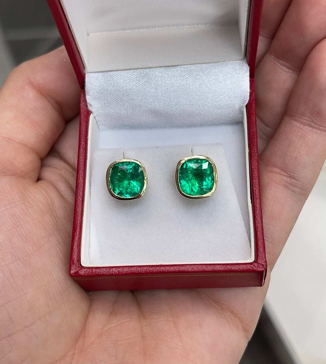 AAA+ 5.46tcw Colombian Emerald Cushion Cut Stud Earrings in 18K Gold Bezel Setting - Perfect for Weddings, Anniversaries & Special Occasions