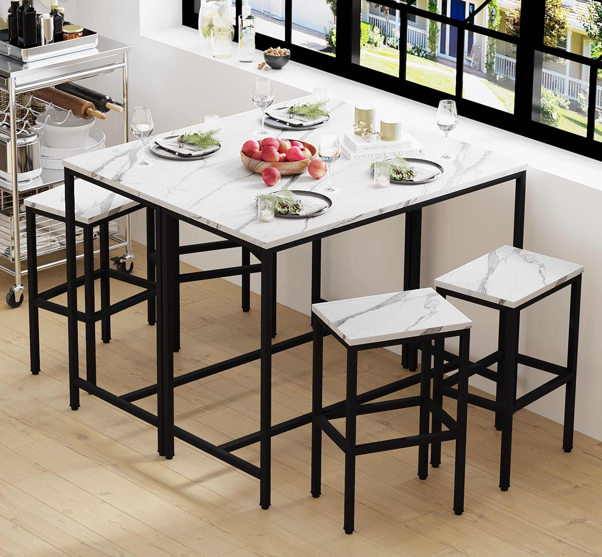 Modern 3-Piece Bar Table Set with 2 Stools - White Faux Marble Wood Top Counter Height Dining Set for Kitchen, Breakfast Nook, Living Room & Small Spaces - Perfect for Entertaining, Casual Dining & Home Decor