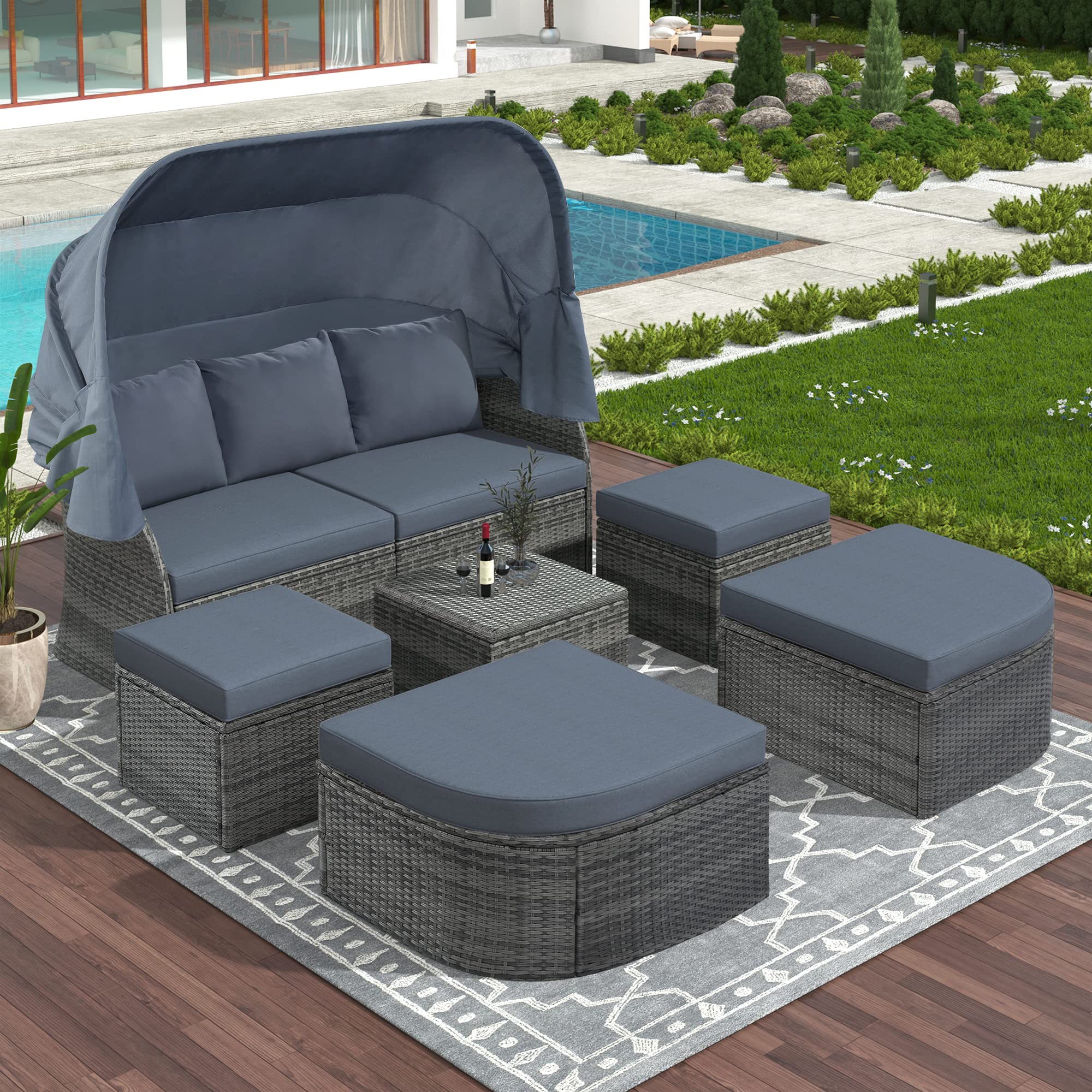 7-Piece Outdoor Wicker Daybed Set with Retractable Canopy & Lift-Top Coffee Table - Patio Sunbed Conversation Furniture for Backyard, Porch, Poolside Relaxation (Grey) | Perfect for Lounging, Sunbathing and Outdoor Entertaining