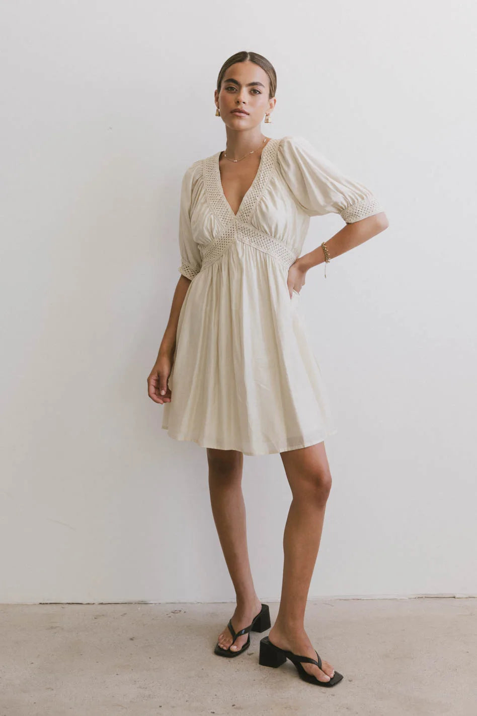 Lorna Mini Dress in Natural - Women's Flowy Summer Dress for Casual & Beach Wear - FINAL SALE