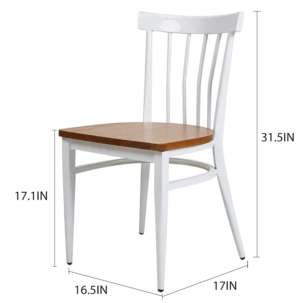 2-Pack White Metal Dining Chairs with Solid Wood Seat - Stackable Kitchen Chairs for Indoor, Restaurant & Outdoor Use - Perfect for Small Spaces, Patios and Commercial Dining Areas