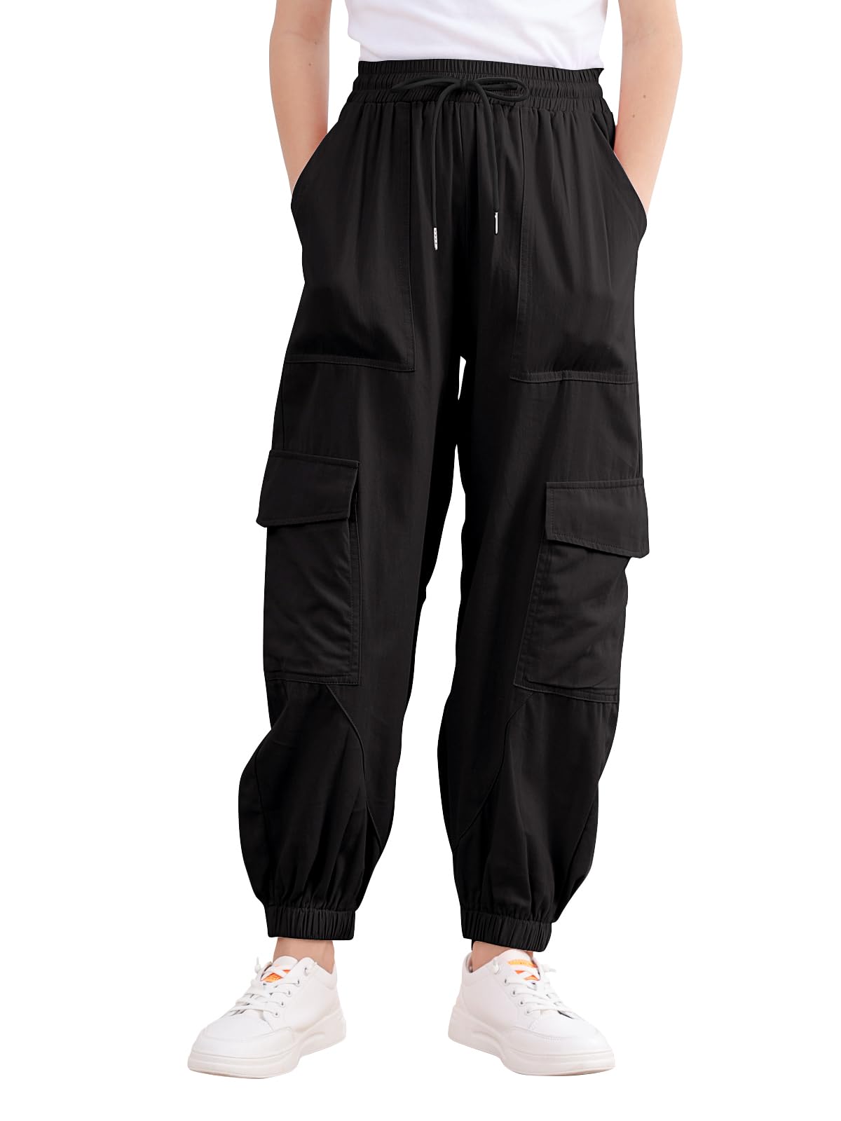 Girls Cargo Jogger Pants with Elastic Waist & Multiple Pockets - Loose Fit Streetwear Pants for Girls Age 7-14 Years | Perfect for School, Playdates & Outdoor Activities