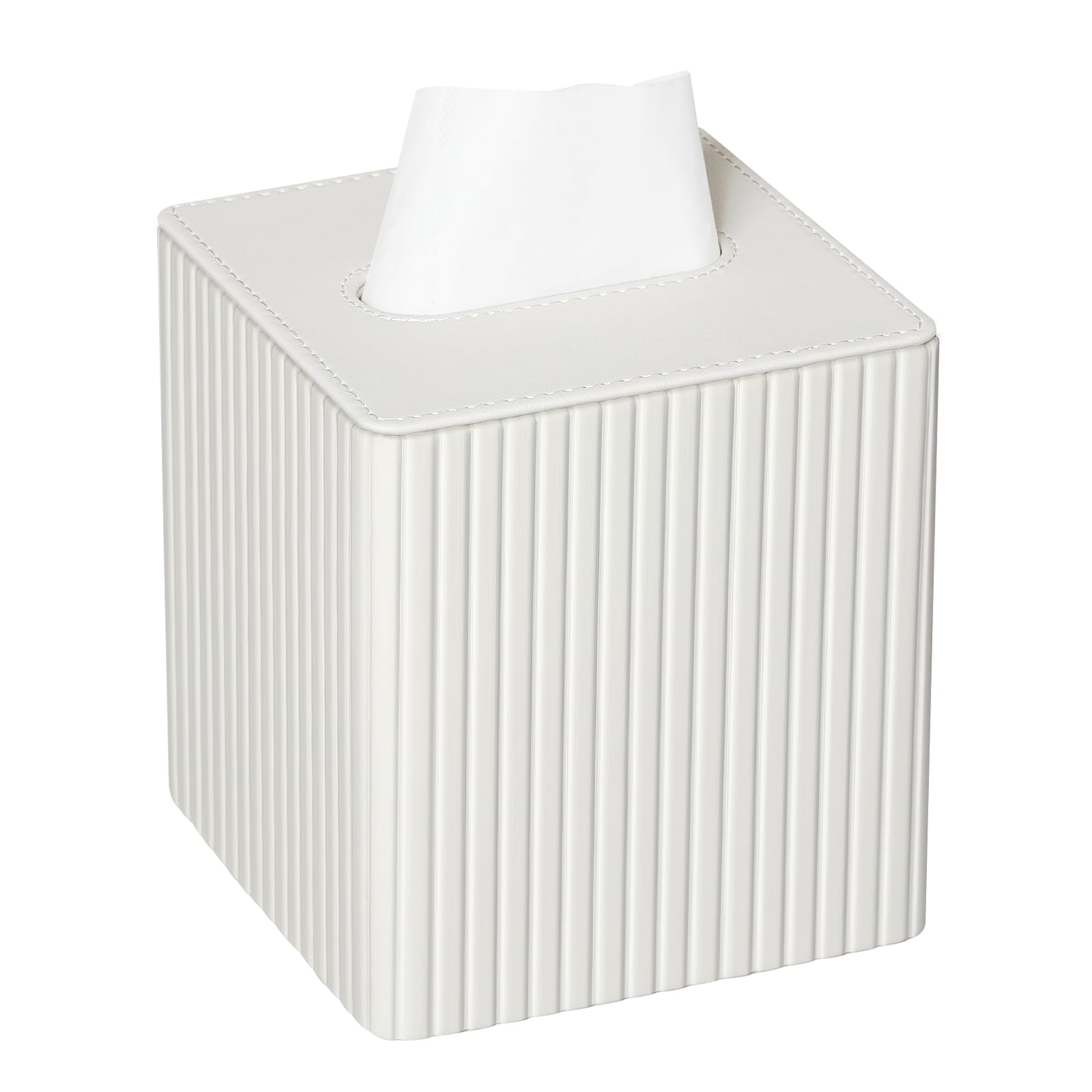Premium PU Leather Square Tissue Box Cover with Magnetic Closure - Elegant Ivory Stripe Design for Home & Office Decor | Water-Resistant & Dustproof Tissue Holder for Living Room, Bedroom, or Bathroom
