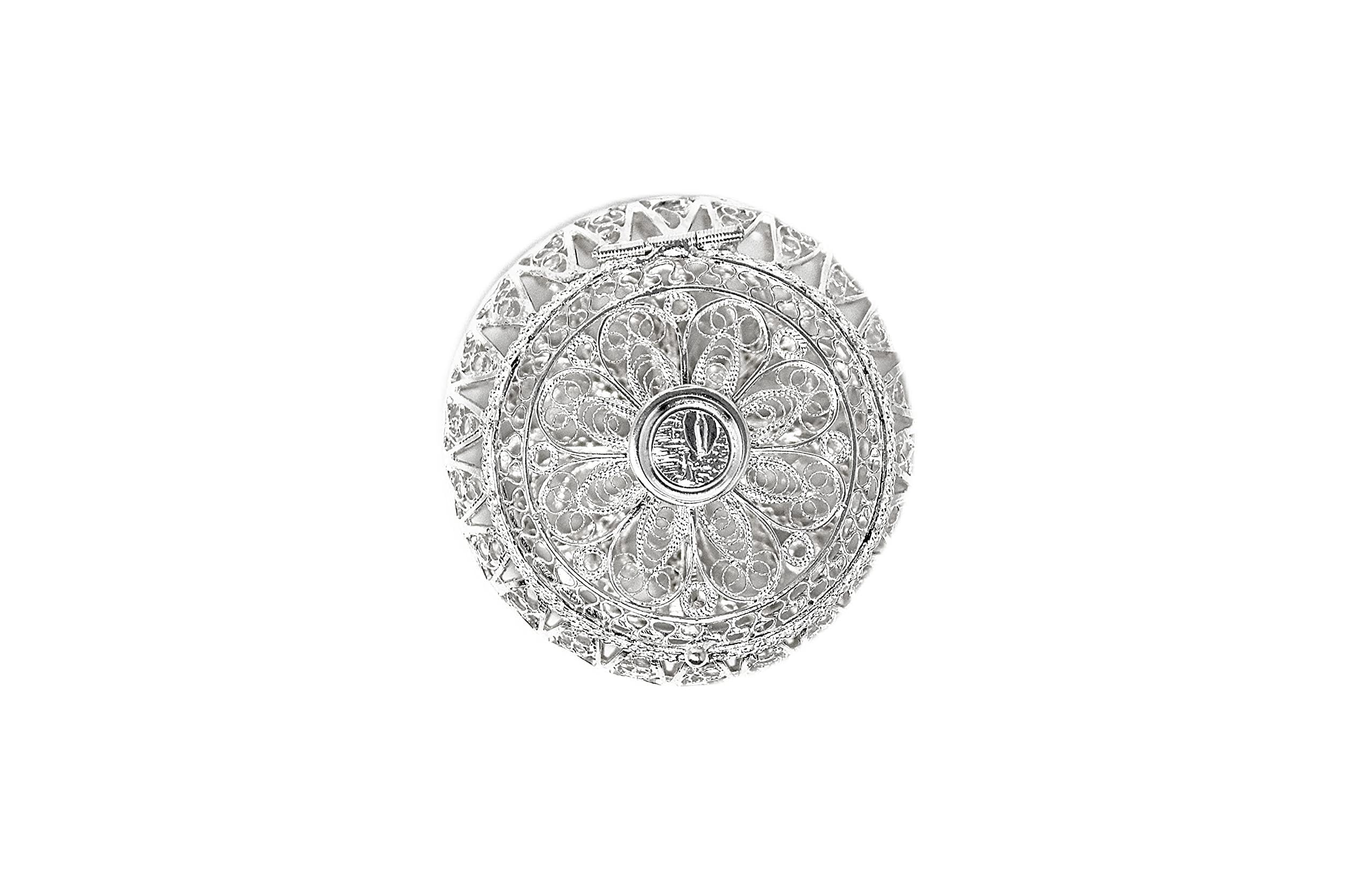 925 Sterling Silver Round Rosary Box & Trinket Box with Lourdes Prayer Card - Perfect for Religious Jewelry Storage, Travel Devotion & Gift Giving