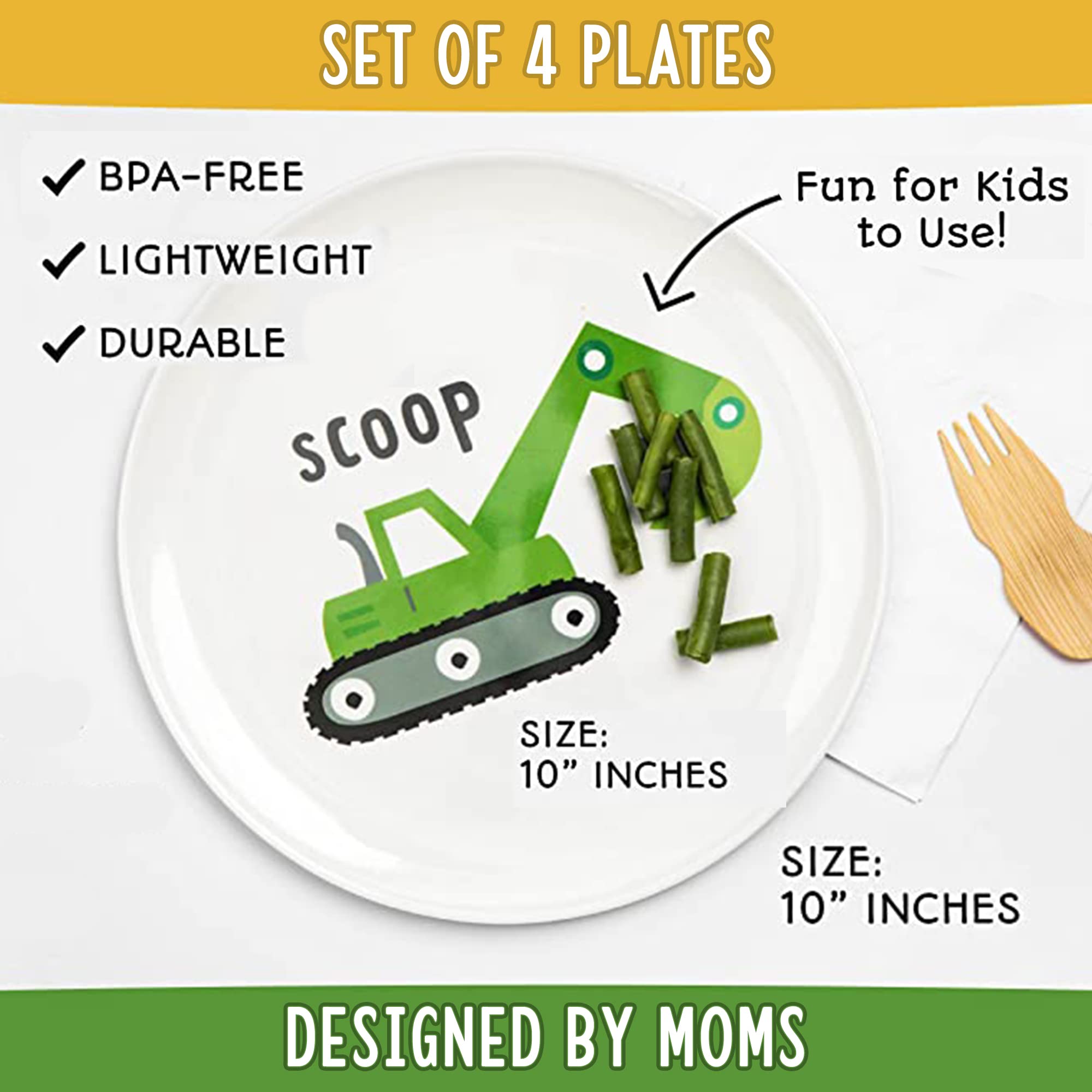 Tiny Expressions - 4-Piece Construction Themed Toddler Plates Set - Melamine Kids Dinnerware with Excavator, Cement Mixer, Bulldozer & Dump Truck Designs - Durable Plastic Plates for Boys & Girls - Perfect for Birthday Parties, Daycare Meals & Fun Family Dinners