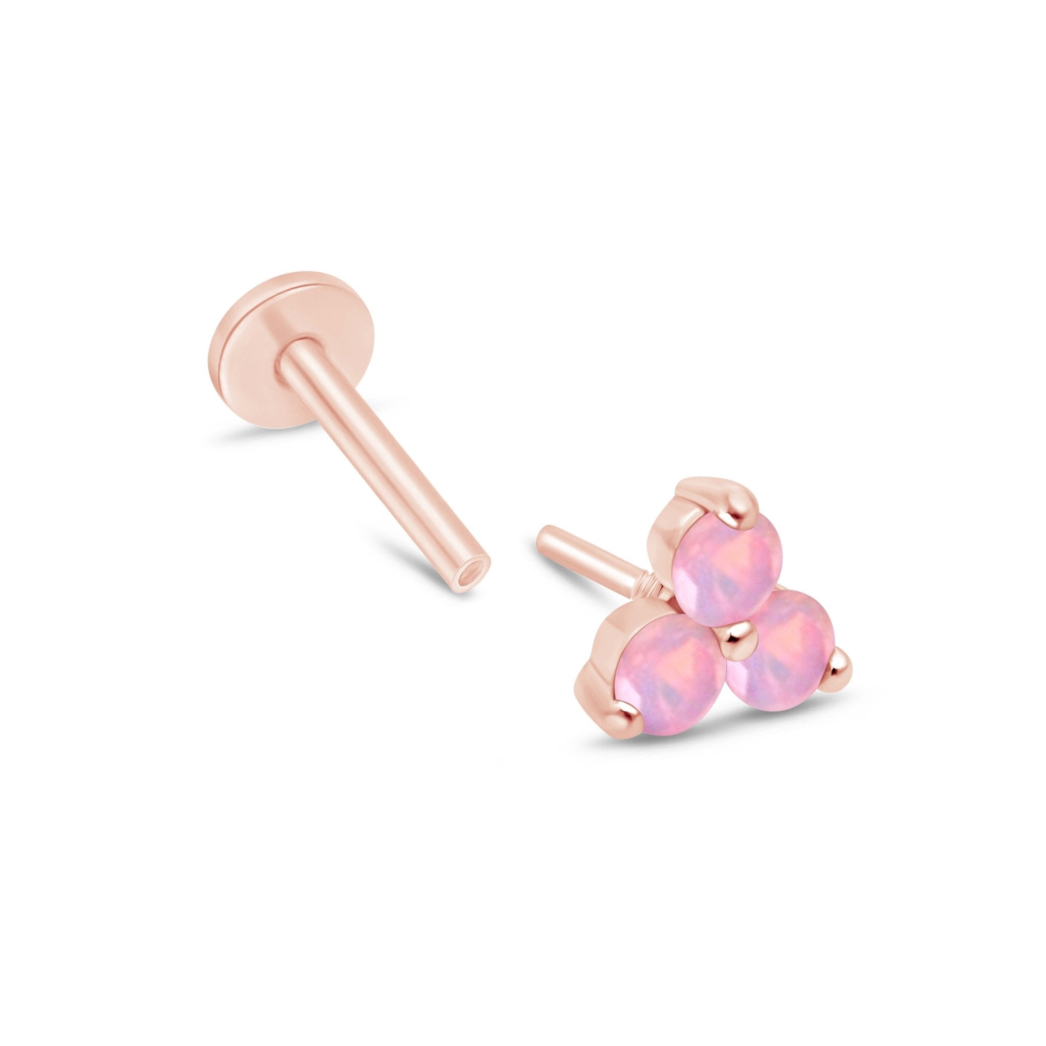 14K Rose Gold Pink Opal Trinity Cluster Stud Earrings - Flat Back for Sensitive Ears | Perfect for Everyday Wear, Gift Giving & Special Occasions