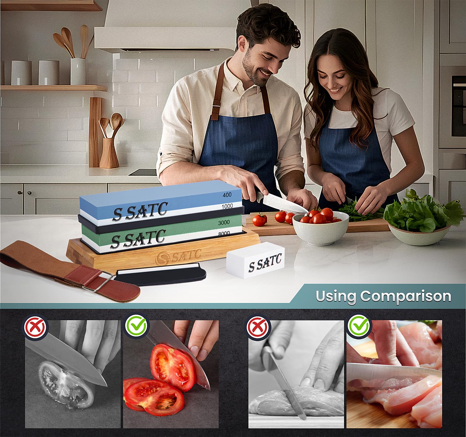 Premium 400/1000/3000/8000 Grit Whetstone Set - Professional Knife Sharpening Stone with Non-Slip Bamboo Base, Angle Guide & Leather Strop - Perfect for Kitchen Knives, Hunting & Chef's Tools - Ideal for Home Cooks & Professional Chefs