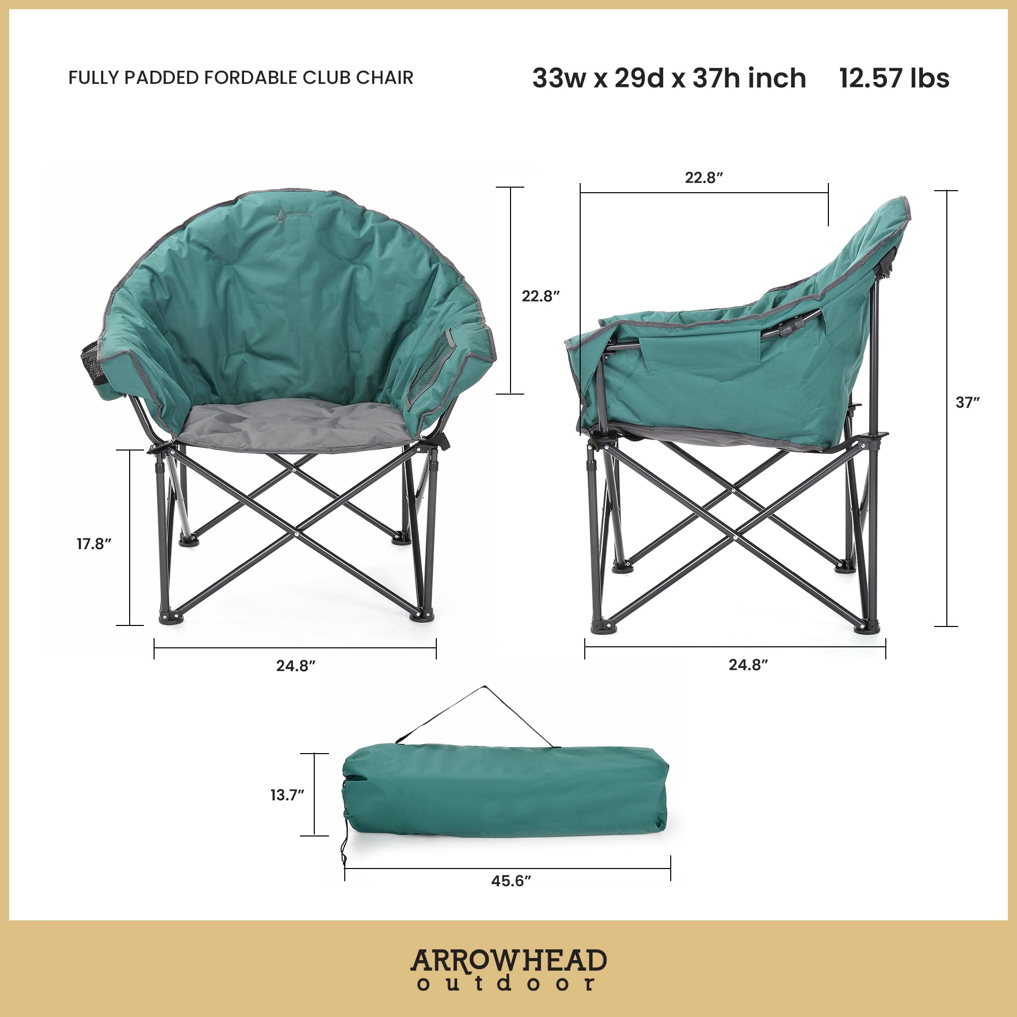 ARROWHEAD OUTDOOR Heavy-Duty Oversized Camping Chair with Cup Holder & Storage Pocket - 330lbs Capacity Portable Folding Moon Saucer Chair with Padded Seat & Carry Bag - Perfect for Beach, Backyard, Picnics & Outdoor Events - USA-Based Customer Support