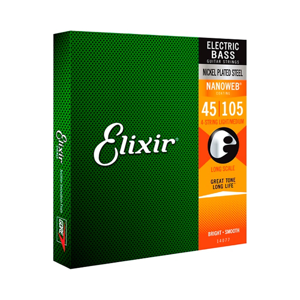 Elixir Nickel Plated Steel 4 String Bass Guitar Strings - NANOWEB Coating, Long Scale, Light Gauge (.045-.105) - Perfect for Rock, Jazz & Studio Recording