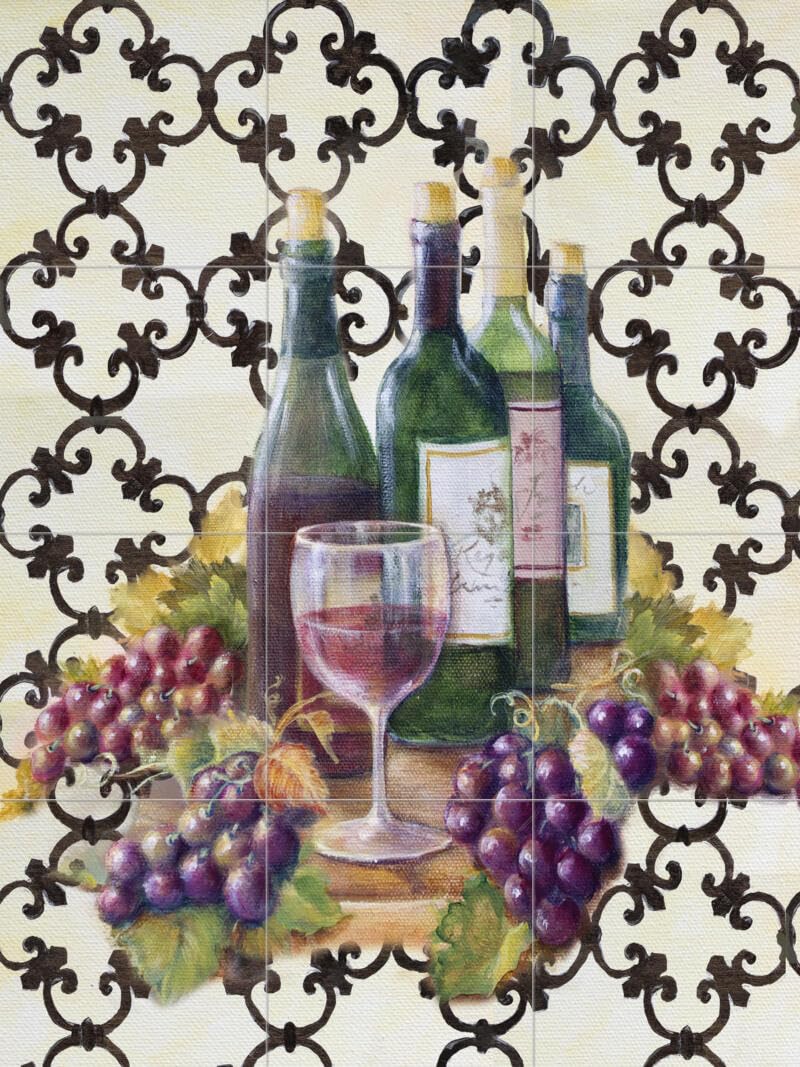Wine Themed Ceramic Backsplash Tile Mural - Wine Trellis II by Rita Broughton for Kitchen Decor | Perfect for Wine Cellars, Bars & Tuscan Style Kitchens