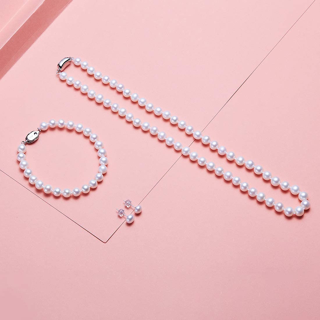 Elegant Freshwater Pearl Necklace Set with Matching Bracelet & Stud Earrings in Leather Gift Box - Perfect for Women's Birthday, Anniversary & Wedding Jewelry Gifts