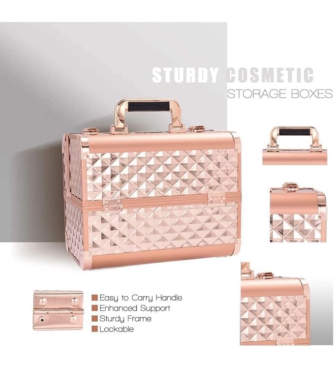 Professional Beauty Makeup Cosmetic Vanity Case - Diamond Cut Rose Gold Travel Organizer for Makeup Brushes & Cosmetics | Perfect for Home, Salon & Travel Use