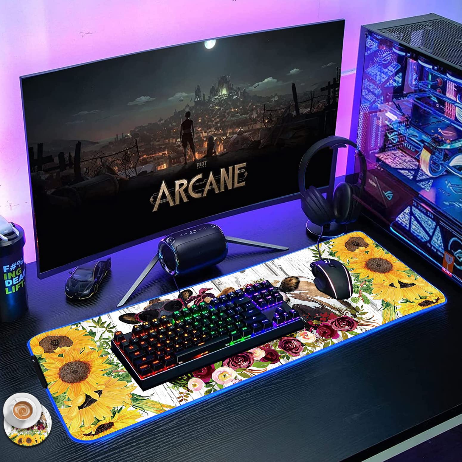 RGB Gaming Mouse Pad - Large LED Light-Up Desk Mat with Non-Slip Base | Waterproof Optical Surface for PC Gaming | Perfect for Gamers & Office Work | Sunflower & Cow Animal Designs