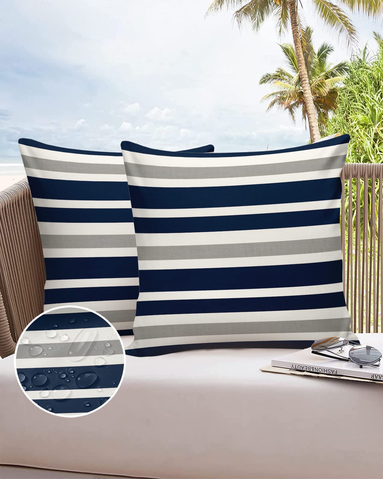 Waterproof Outdoor Throw Pillow Covers 20x20 Inch - Navy Blue & Gray White Stripes - Set of 2 Polyester Cushion Covers for Patio Furniture, Garden Chairs, Sofa, Couch - All-Weather Home Decor for Backyard, Porch, Living Room