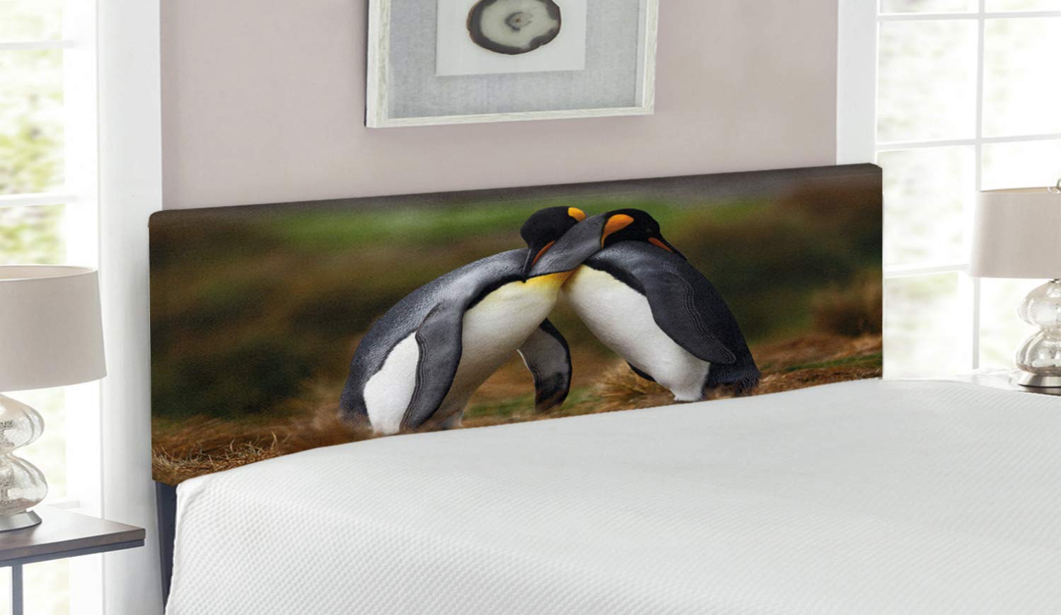 Ambesonne Upholstered Queen Size Metal Bed Headboard with Memory Foam - Penguin Couple Cuddling in Wild Nature Design, Decorative Animal Headboard for Bedroom (Multicolor) | Perfect for Cozy Master Bedrooms & Romantic Home Decor