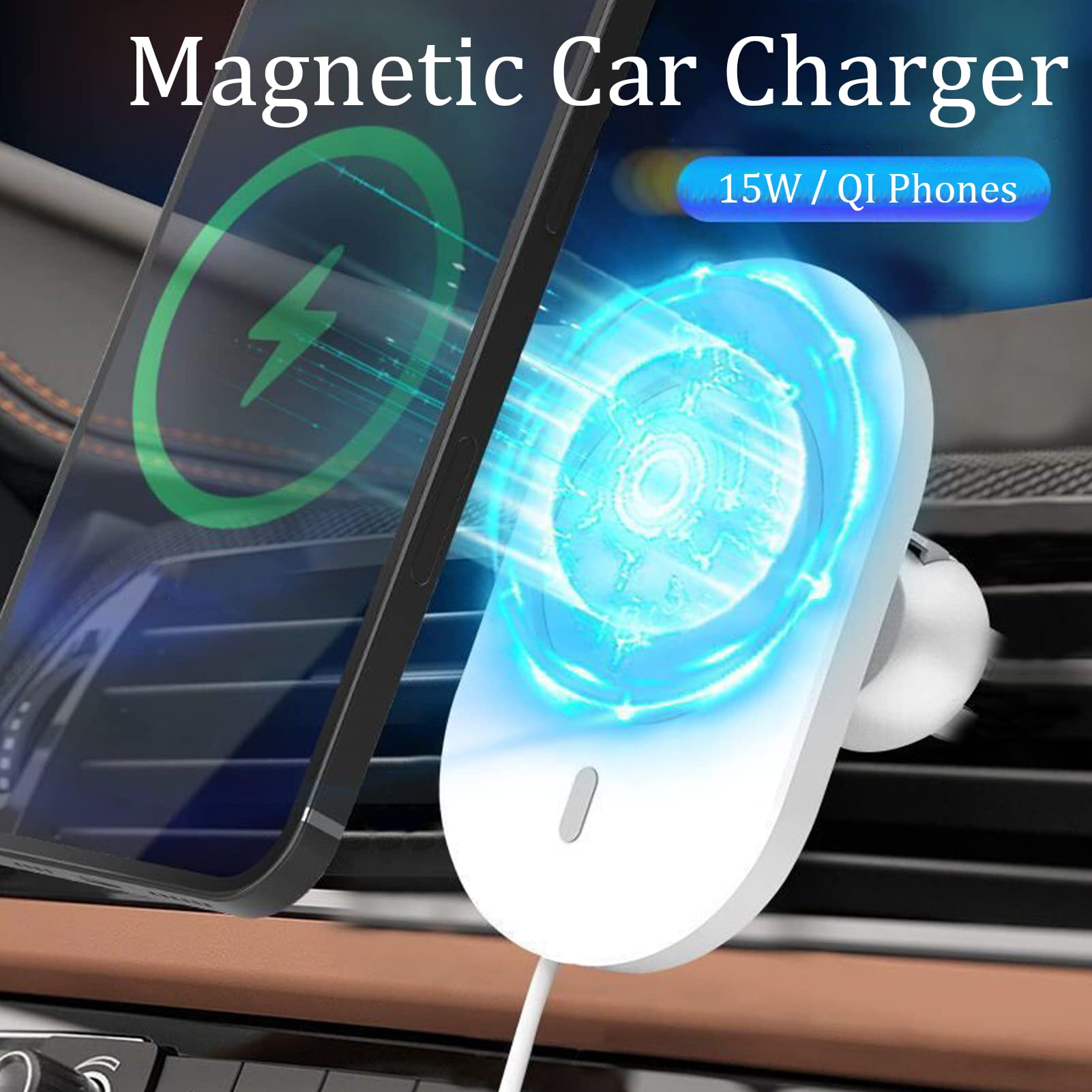15W Qi Fast Wireless Car Charger - Magnetic Auto Clamping Phone Mount with 360° Rotation for Dashboard & Windshield (White) | Perfect for iPhone, Samsung & Qi-Compatible Devices on Road Trips & Daily Commutes