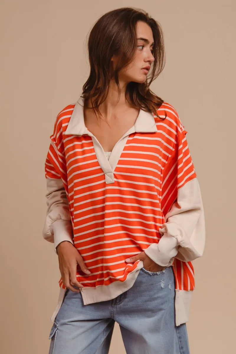 BiBi Stripe Knit Loose Fit T-Shirt with Cut Edge Detail - Casual Women's Top for Everyday Wear, Outings & Layering