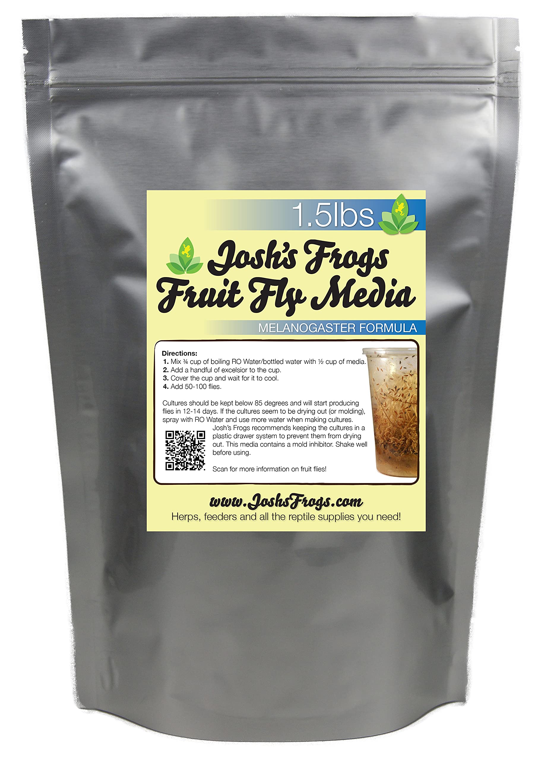 Premium Melanogaster Fruit Fly Food Media by Josh's Frogs - 1.5 lbs (1.35 Quarts) Makes 10 Fruit Fly Cultures - Ideal for Reptile & Amphibian Feedings, Pet Frog & Lizard Diets, and Scientific Research