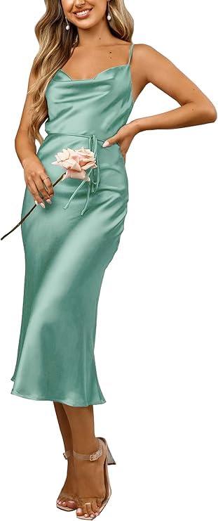 Elegant Women's Sleeveless Spaghetti Strap Satin Dress for Wedding Guest & Party | Cowl Neck Backless Midi Formal Gown | Perfect for Cocktail Events, Evening Parties & Special Occasions