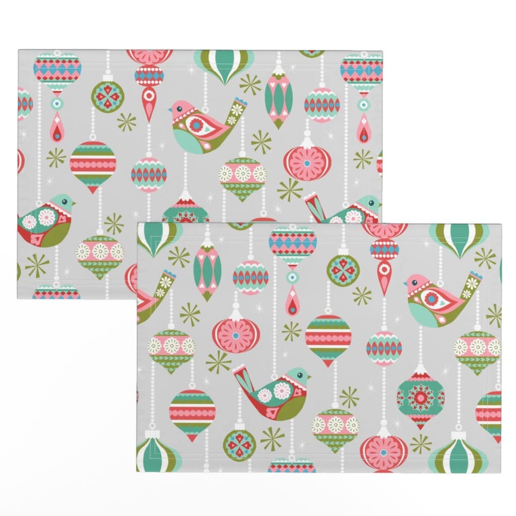 Christmas Tree & Birds Print Linen Cotton Canvas Placemats Set of 2 - Vintage Holiday Table Decor for Christmas Dinner, Party & Home Dining