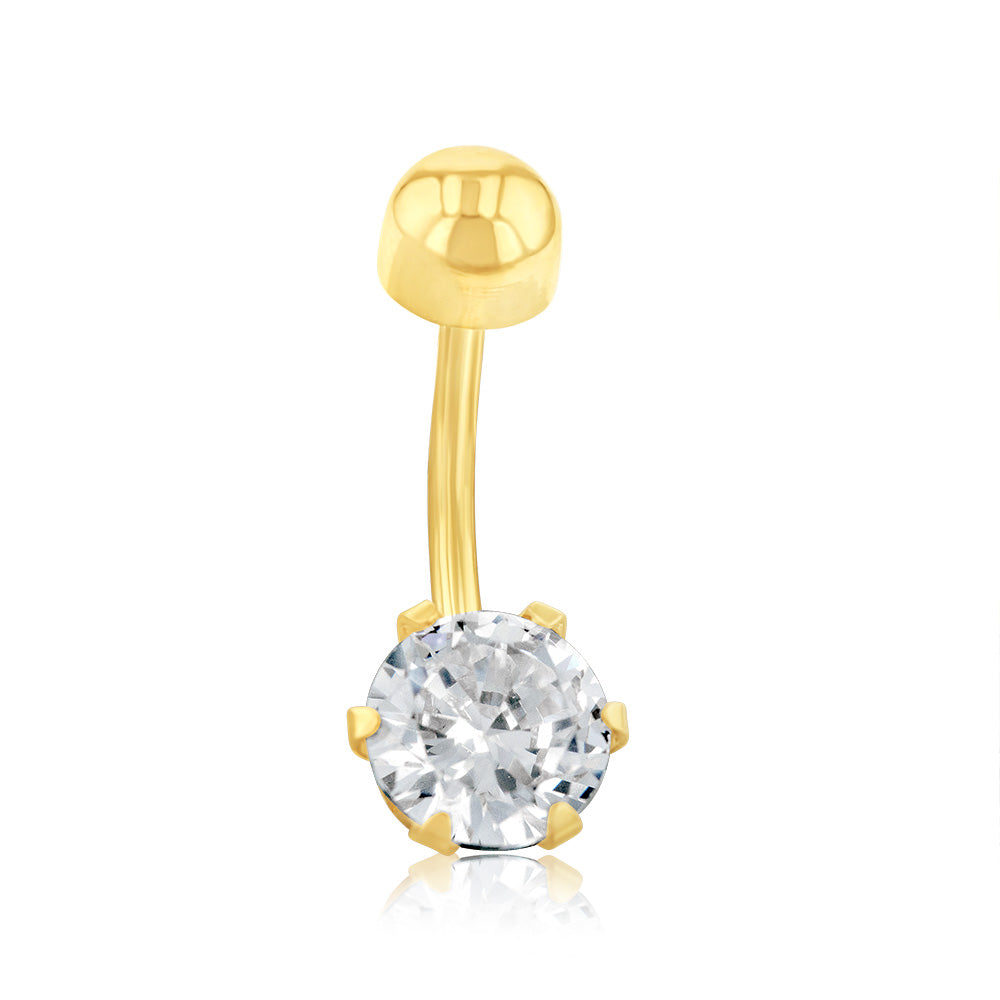 9ct Yellow Gold 6mm Round Cubic Zirconia Belly Ring - 6 Prong Claw Setting for Secure Wear - Perfect for Navel Piercing, Beach Parties & Everyday Fashion