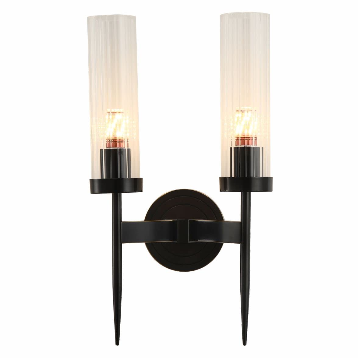 BOKT Modern 2-Light Matte Black Metal Vanity Light Fixture with Clear Crystal Glass - Wireless Wall Sconce for Bedroom, Bathroom & Living Room - Mid Century Style Wall Mounted Lighting for Home Decor