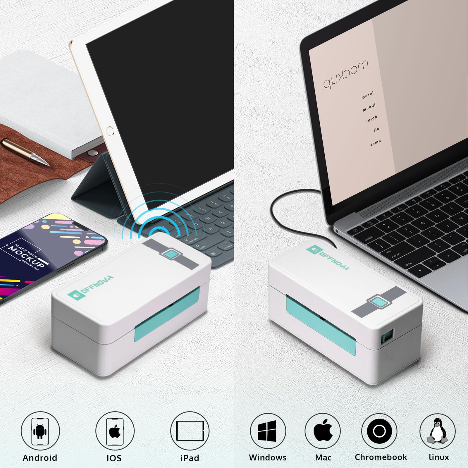 OFFNOVA 4x6 Bluetooth Thermal Label Printer for Shipping & Small Business - Compatible with USPS, eBay, Shopify, Etsy - Works with Windows, Mac, iOS, Android - Perfect for E-commerce, Warehousing & Logistics